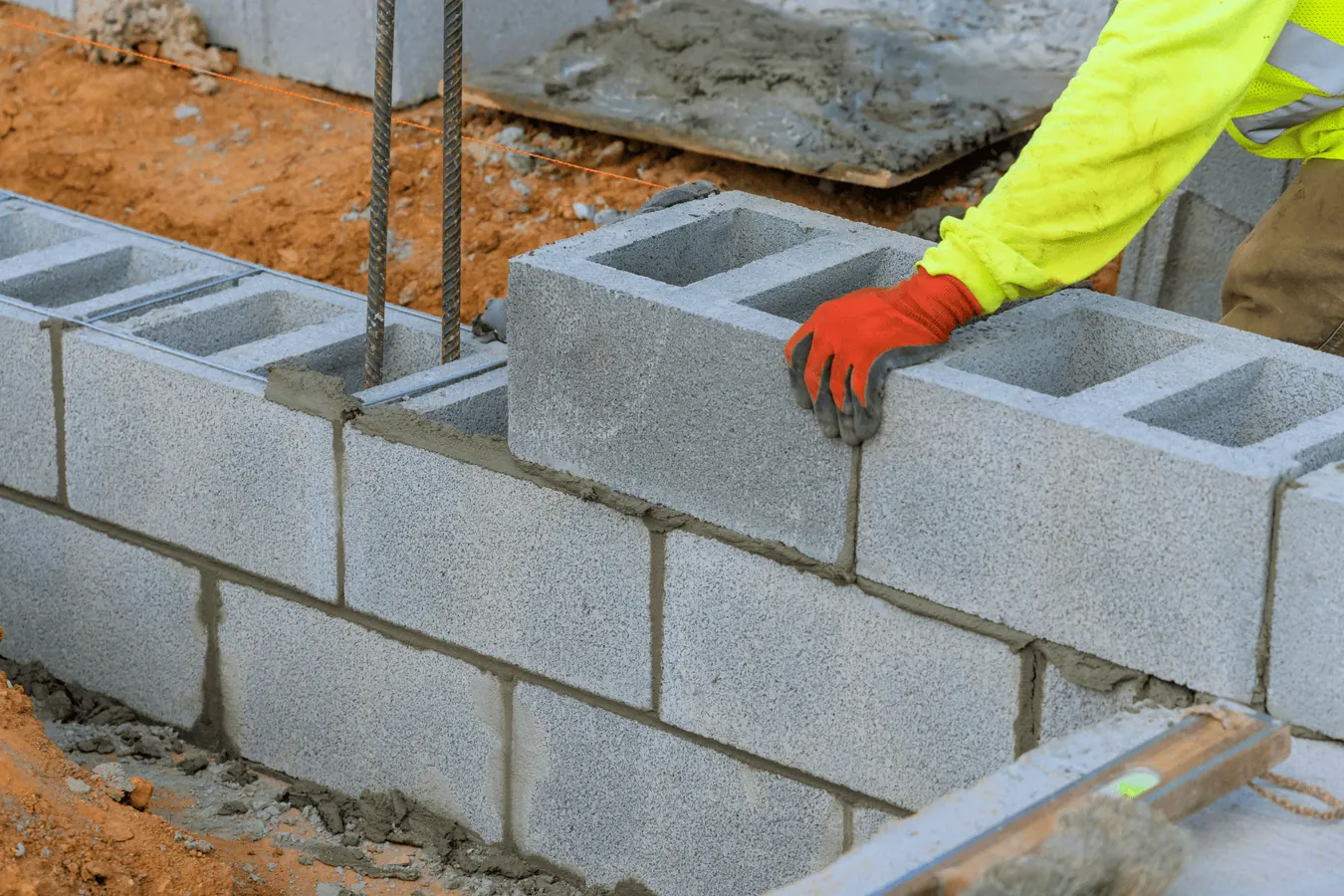 Professional structural building works in progress showing concrete block laying